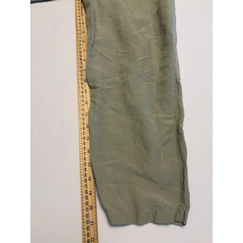 H&M Linen Blend Pants Women XS Sage Green Elastic Drawstring Waist Crop Trousers